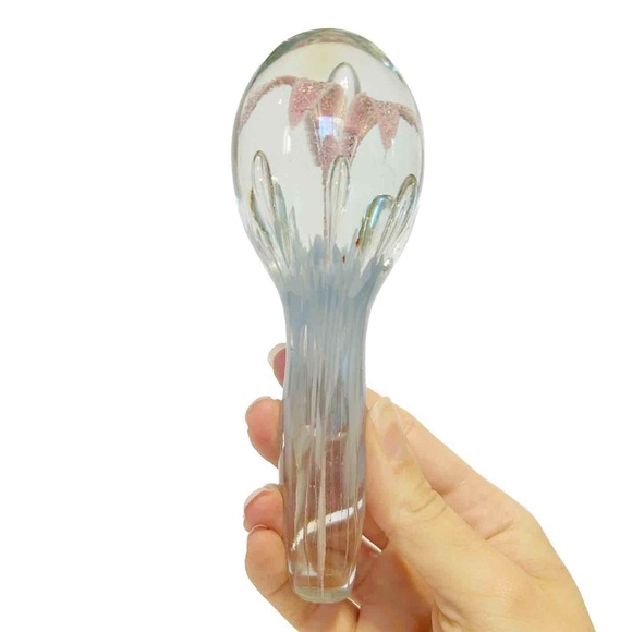 Decorative Blown Art Glass Pink Lily Flower Floral Blue Paperweight Bauble Decor - Picture 2 of 16